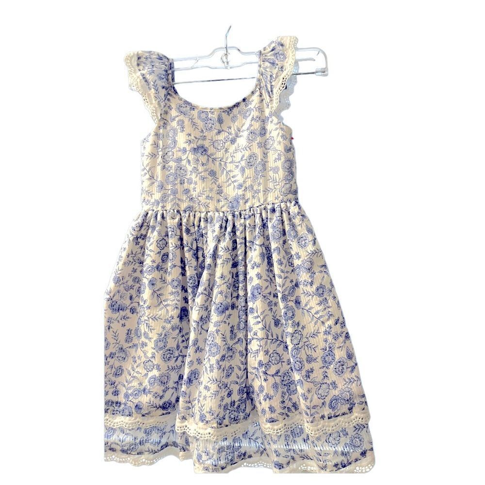 Laura Ashley Floral Lace Ruffle Dress 6X  Blue White Cottage Core Easter Dress
